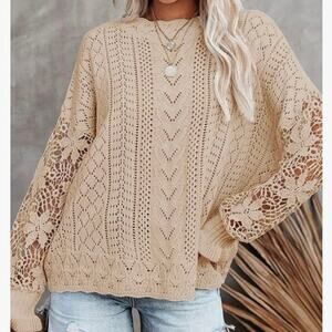Womens Casual Fashion Lace Crewneck Sweater Size 2XL Hollow Out Cable Knit Top